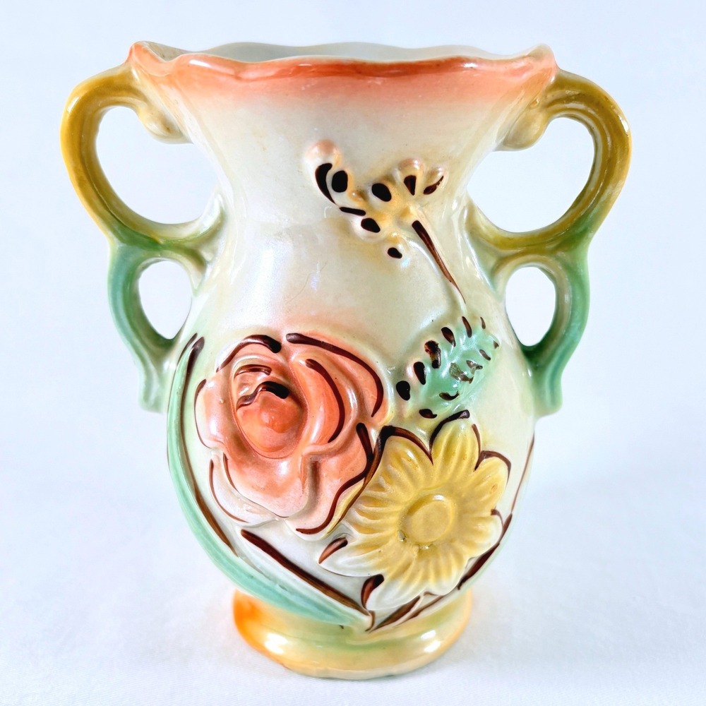 Vintage‎ 3D Embossed Floral Ceramic Lusterware Vase Double Handle Made in Brazil